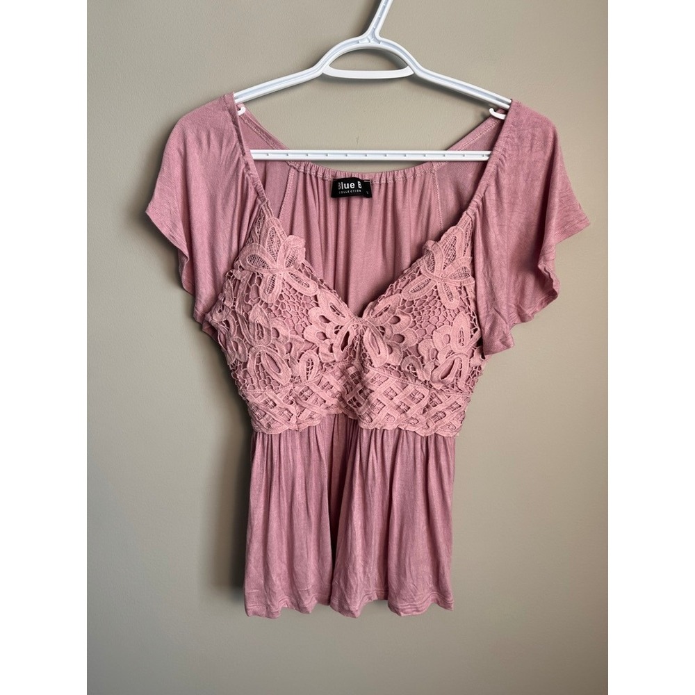 Blue B Collection Dusty Pink Lace Crochet V-Neck Flutter Sleeve Peplum Top M‎